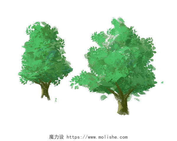 绿色手绘卡通水彩树木绿植元素PNG素材